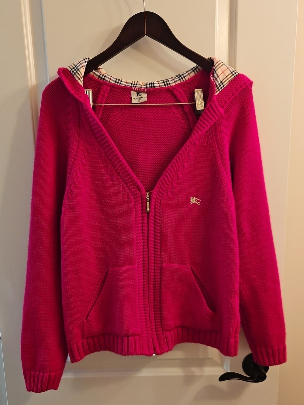 Vintage Burberry London Hot Pink Cotton Plaid Hooded Zip Sweater M, Heritage - Picture 2 of 15